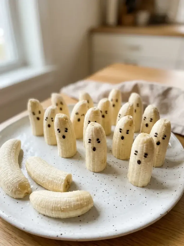 Ghost-shaped banana pieces with tiny edible facial details arranged upright on a white Halloween snack platter.