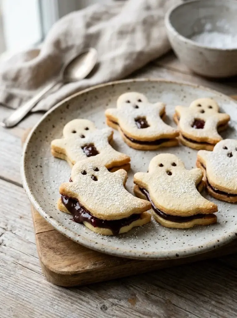Ghost-shaped sandwich cookies with small peekaboo windows revealing rich chocolate filling between delicate vanilla layers.