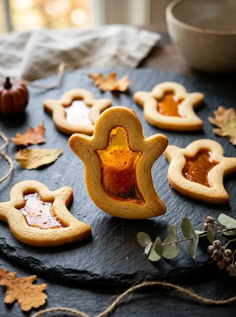 Ghost-shaped sugar cookies featuring translucent amber candy windows and golden edges for a stained-glass effect.