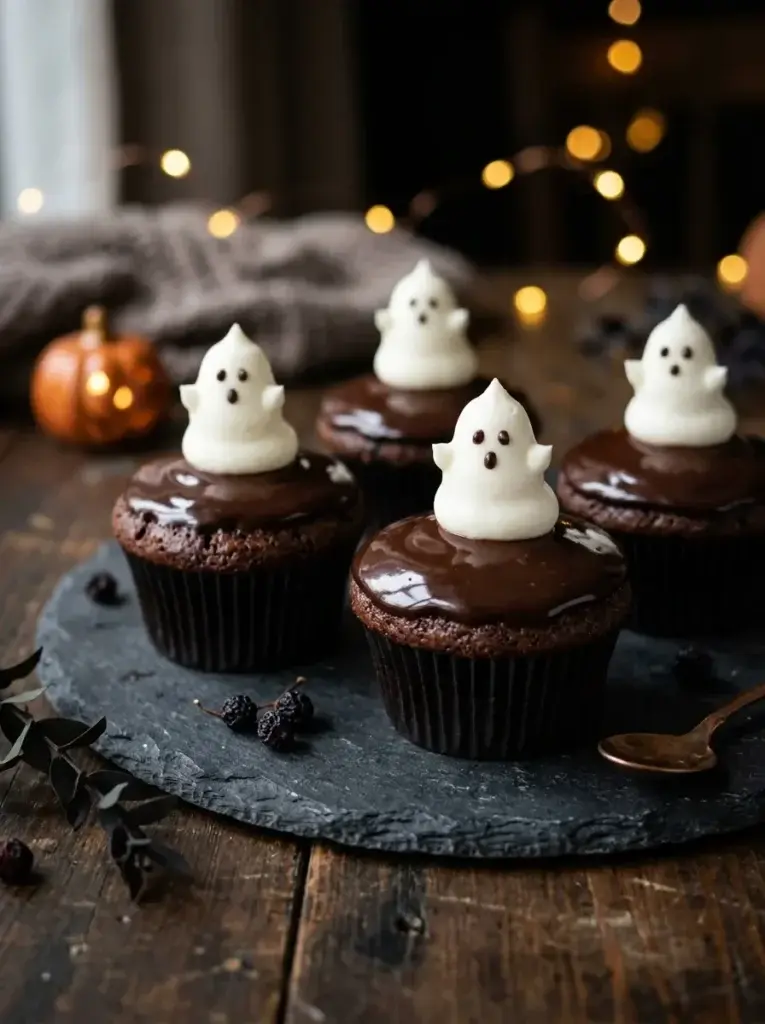 Glossy chocolate ganache cupcakes topped with contrasting white buttercream ghosts and delicate chocolate faces.
