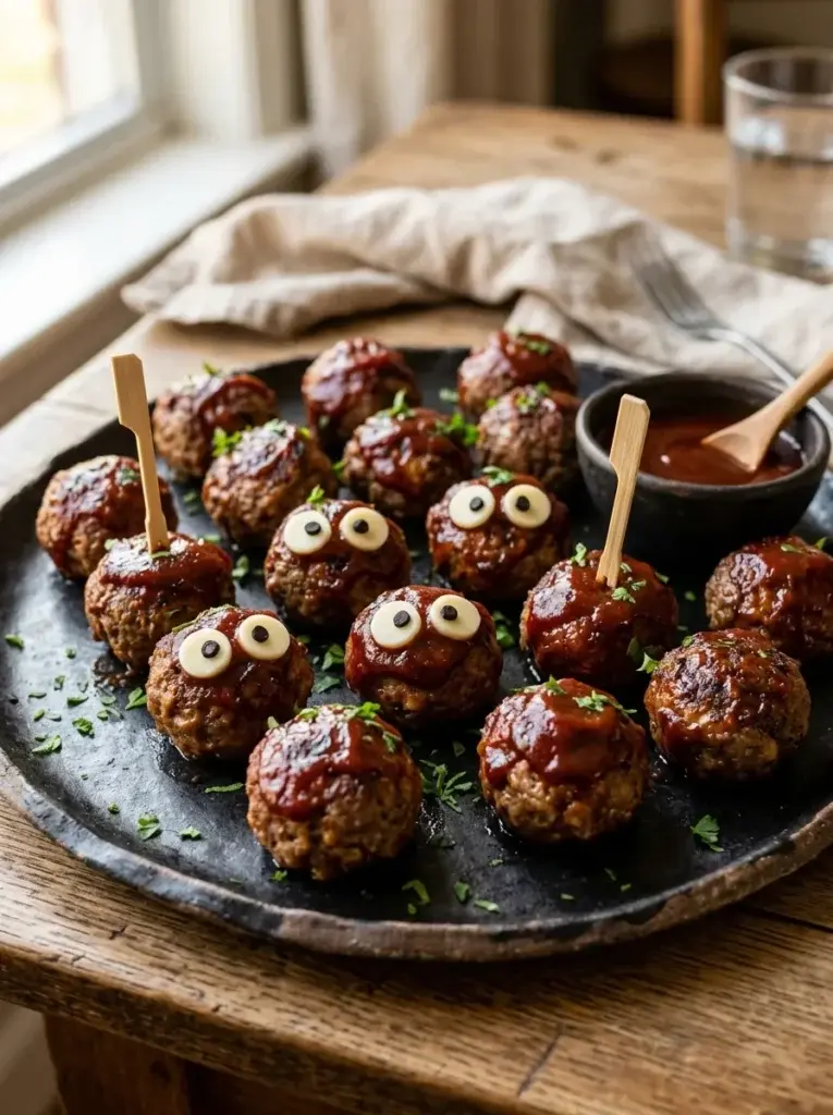 Glossy Halloween meatball bites with simple edible cheese-and-olive monster faces, cocktail picks, and tomato dipping sauce.