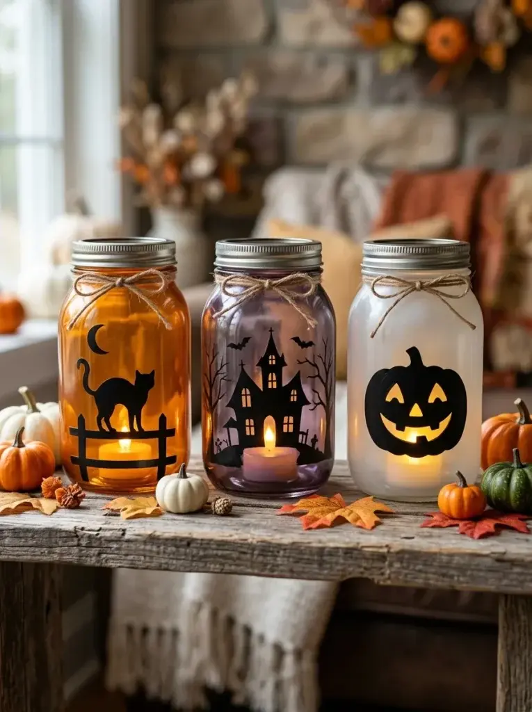 Glowing recycled mason jar Halloween lanterns decorated with black silhouettes and warm LED lights.