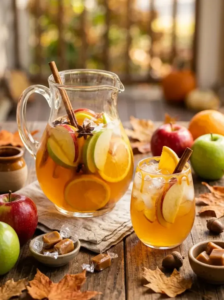 Golden-amber caramel apple cider sangria with sliced apples, cinnamon sticks, and a rustic autumn serving arrangement.