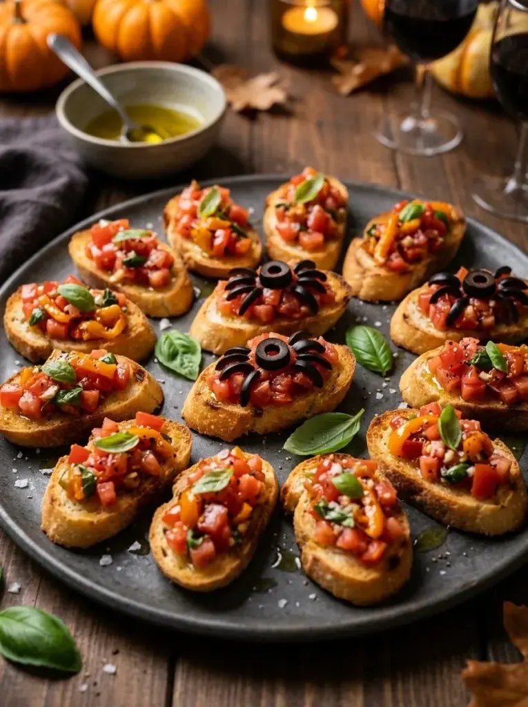 Golden Halloween bruschetta bites topped with ripe tomatoes, basil, roasted orange peppers, and black olive details on a dark platter.