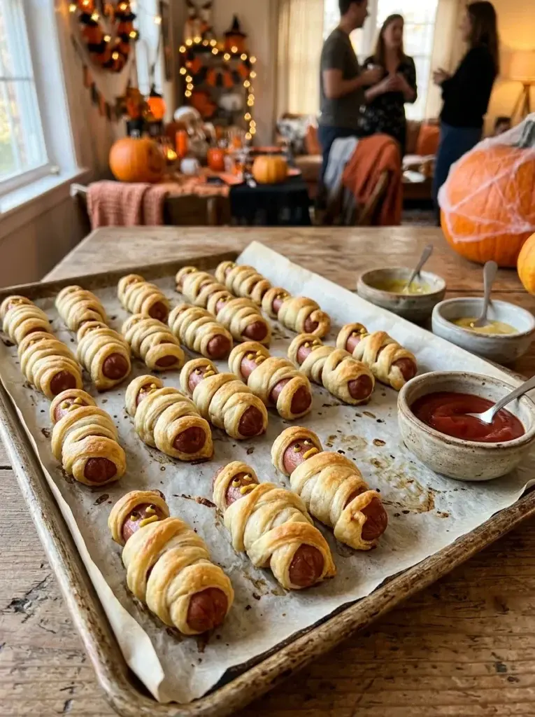Golden pastry-wrapped mummy hot dogs with edible eyes, flaky dough, and small bowls of ketchup and mustard on a serving tray.