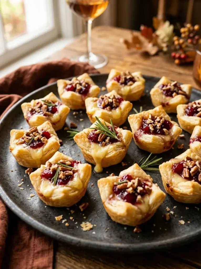 Golden puff-pastry brie bites filled with melted cheese, cranberry topping, chopped pecans, and fresh rosemary on a dark platter.