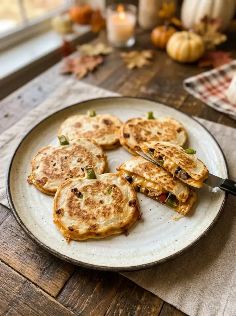 Golden pumpkin-shaped mini quesadillas filled with melted cheese and decorated with small green bell pepper stems.