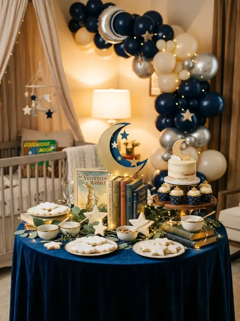 Goodnight Moon baby shower decorations with crescent moons, star accents, vintage books, and navy blue styling.