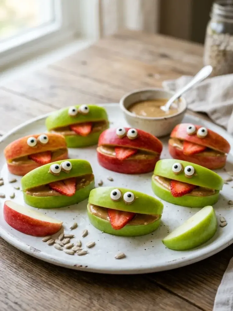 Green and red apple wedges decorated as funny Halloween monsters with strawberry tongues and edible eyes.