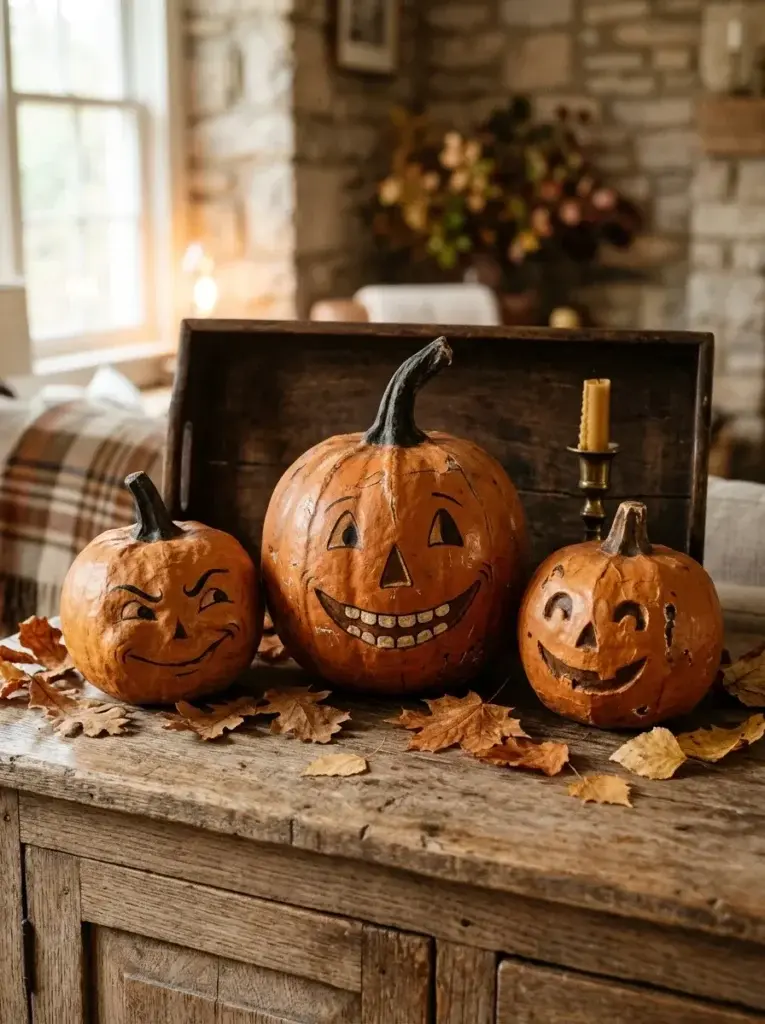 Hand-painted papier-mâché-style pumpkins with expressive faces arranged on a rustic wooden surface.