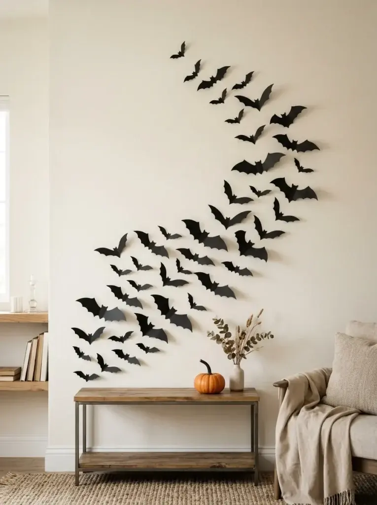 Handmade black paper bats arranged in a swirling pattern across an ivory wall.