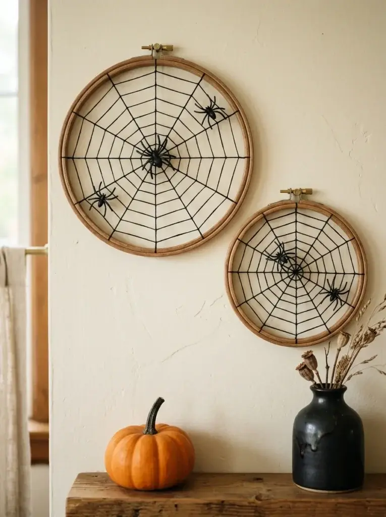 Handmade black thread spiderwebs stretched inside wooden embroidery hoops for Halloween wall decor.