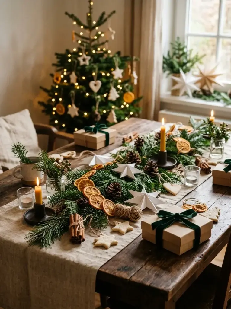 Handmade Christmas decorations featuring dried orange garlands, natural pinecones, paper stars, and simple kraft-paper gift wrapping.