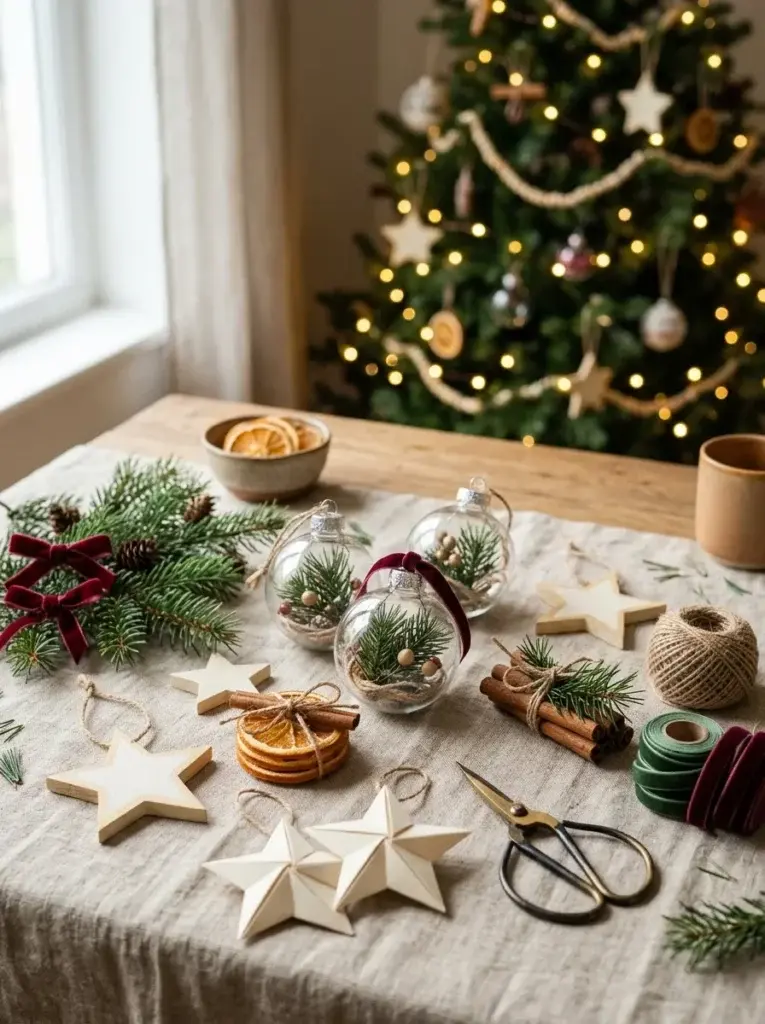 Handmade Christmas ornaments featuring clear glass baubles, wooden stars, dried oranges, cinnamon sticks, and natural twine.