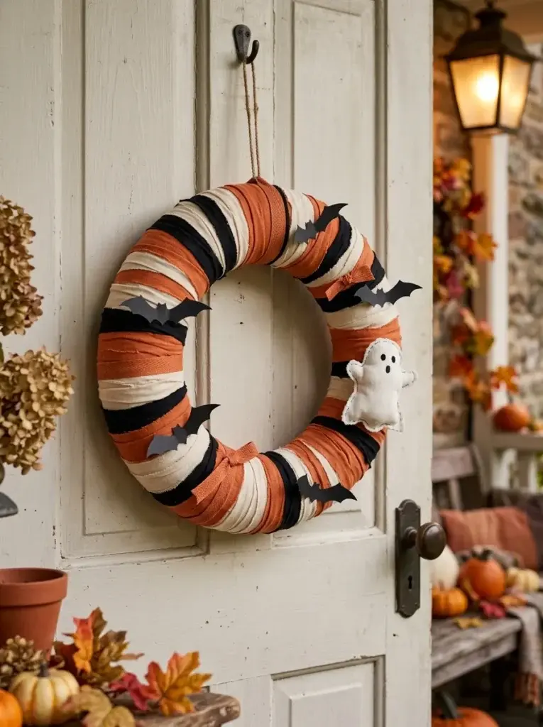 Handmade Halloween wreath wrapped in black, ivory, and orange fabric with small ghost and bat decorations.