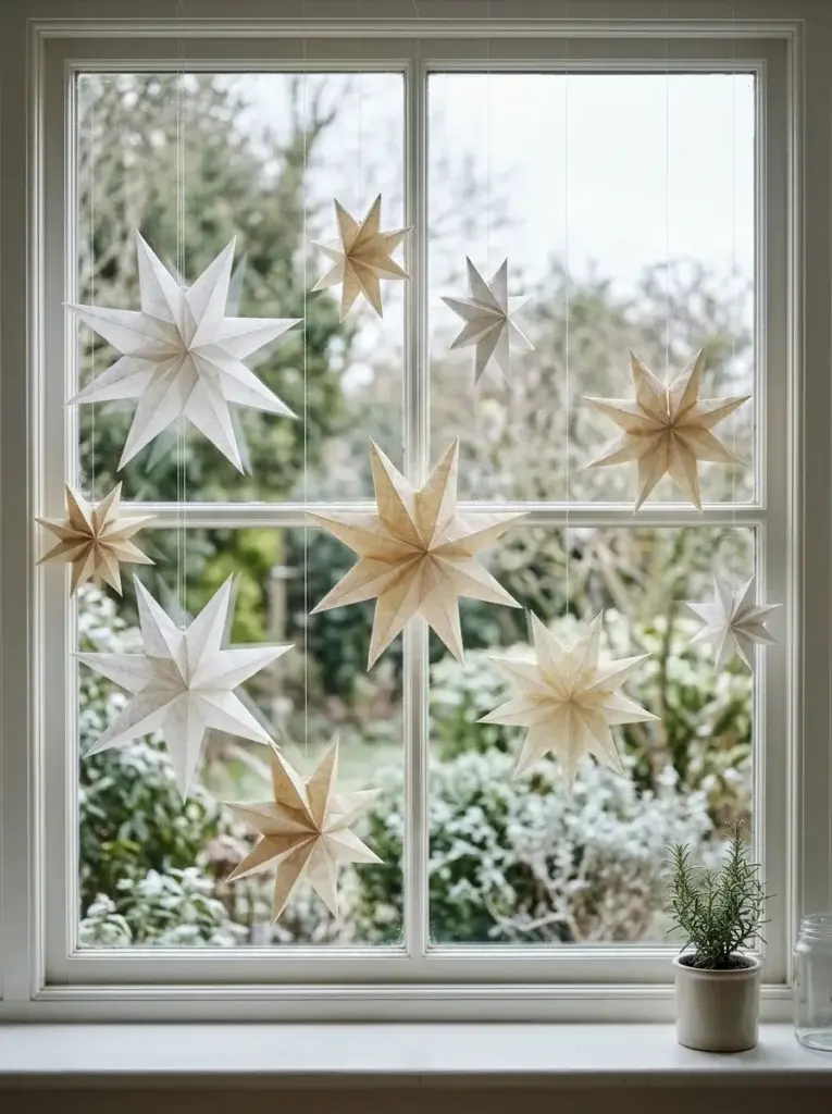 Handmade ivory paper stars suspended at different heights in a bright minimalist Christmas window.