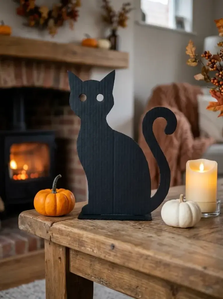 Handmade matte-black cardboard cat silhouette displayed with miniature Halloween pumpkins.