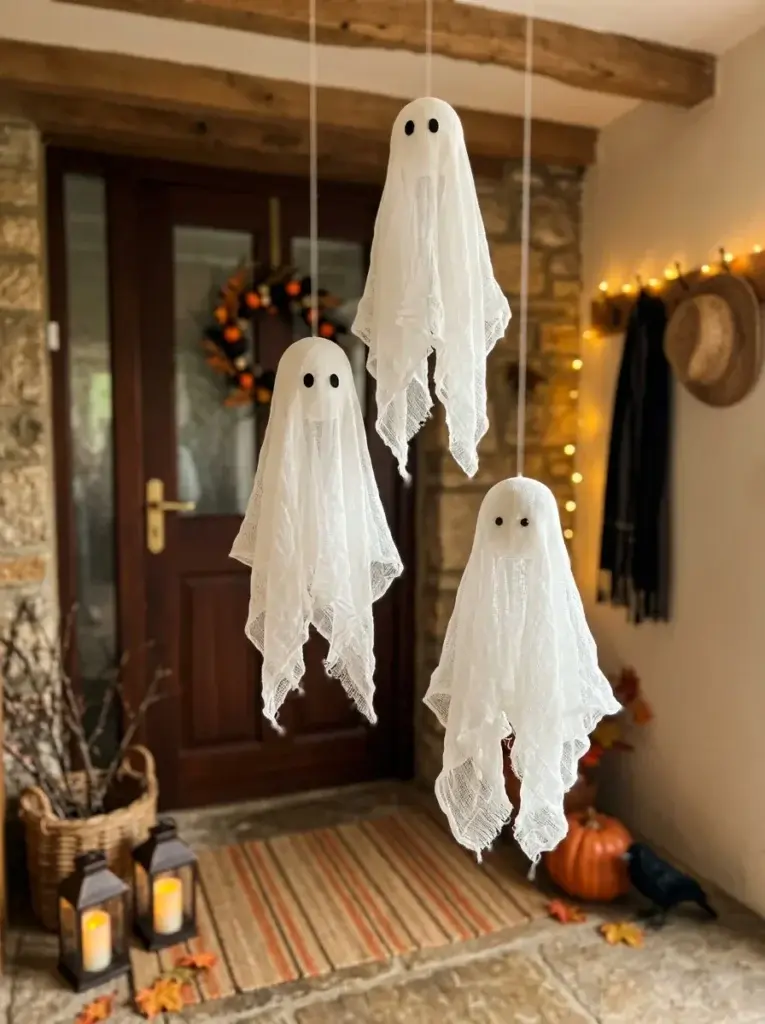 Handmade white cheesecloth ghosts hanging at different heights in a decorated Halloween entryway