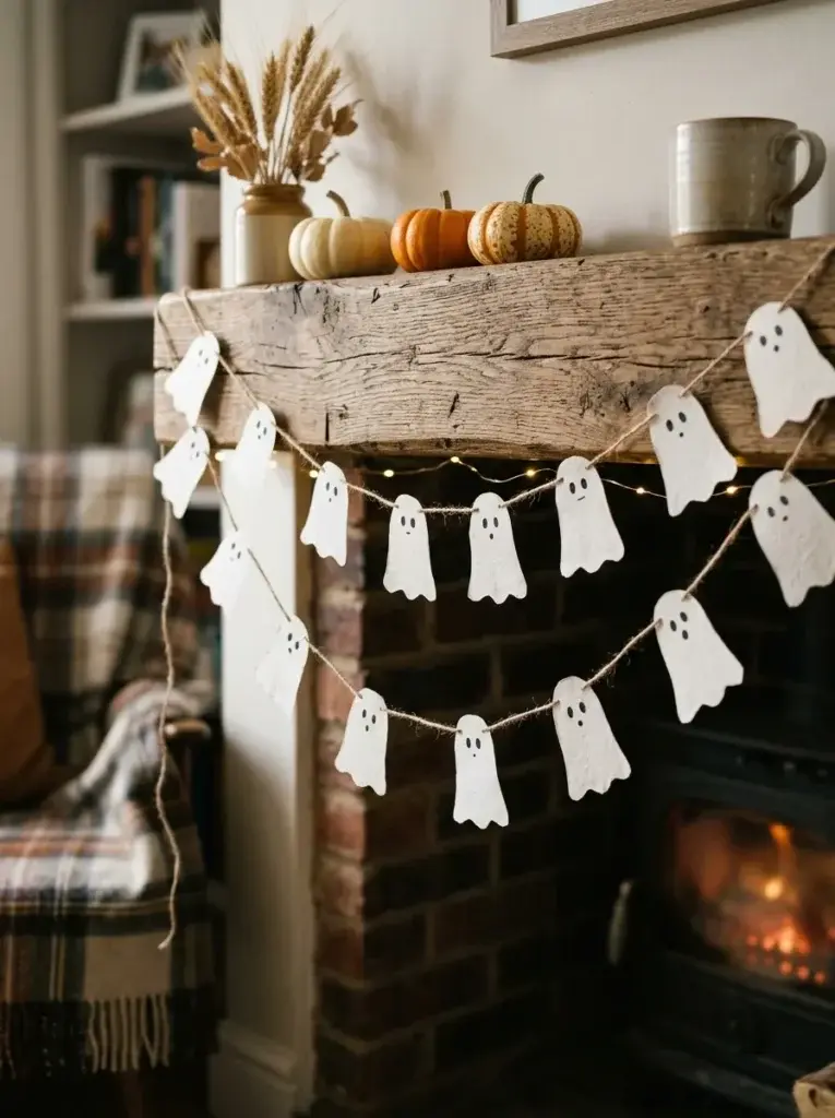 Handmade white paper ghost garland hanging across a rustic mantel with miniature pumpkins.