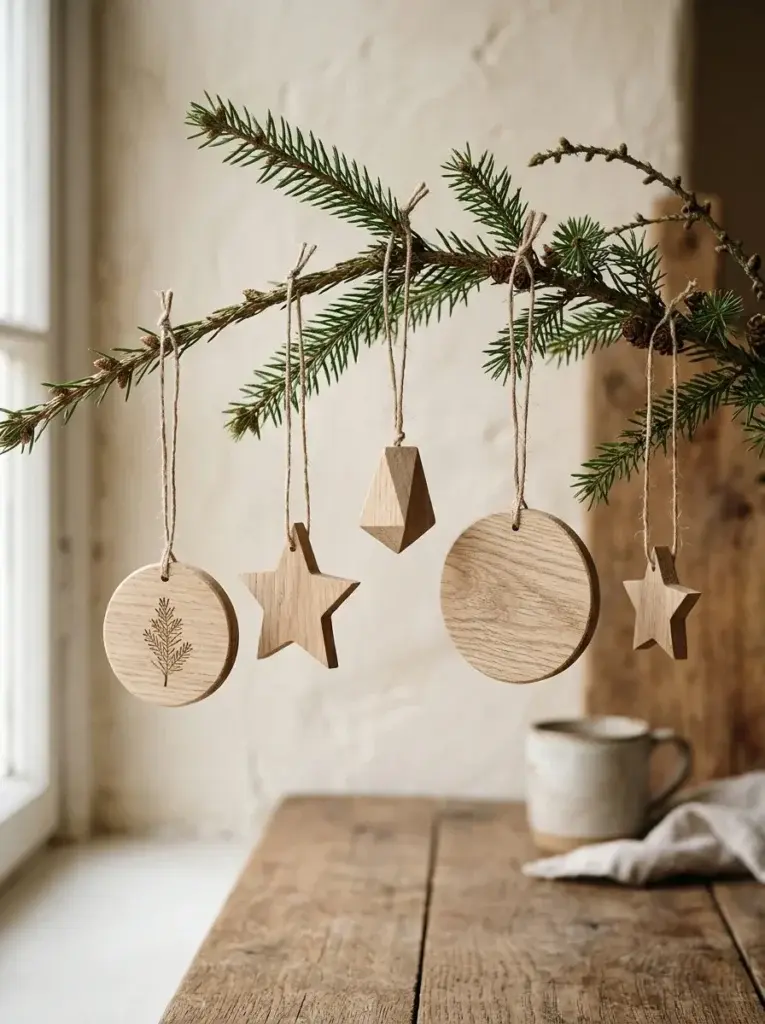 Handmade wooden Christmas ornaments featuring natural grain, simple geometric shapes, and neutral hanging strings.
