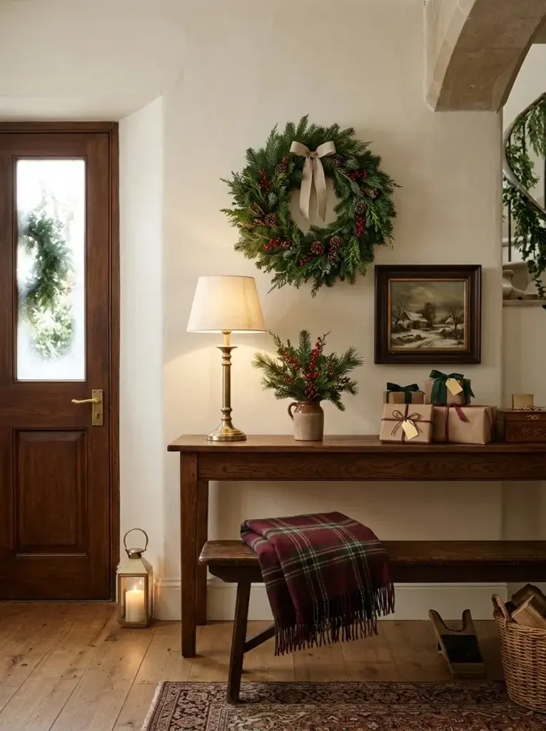 Heritage-style Christmas entryway with a dark wood console, evergreen wreath, brass lamp, and tartan accents.