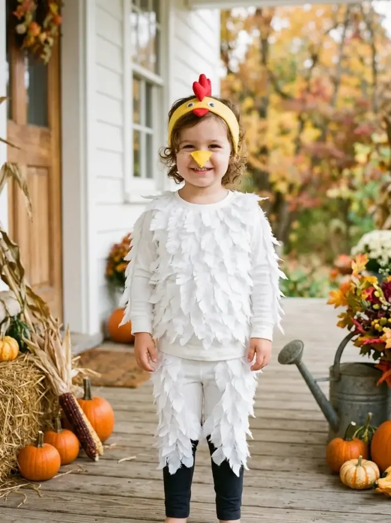 Homemade chicken Halloween costume featuring white clothing, soft feathers, a red comb, and a yellow beak.