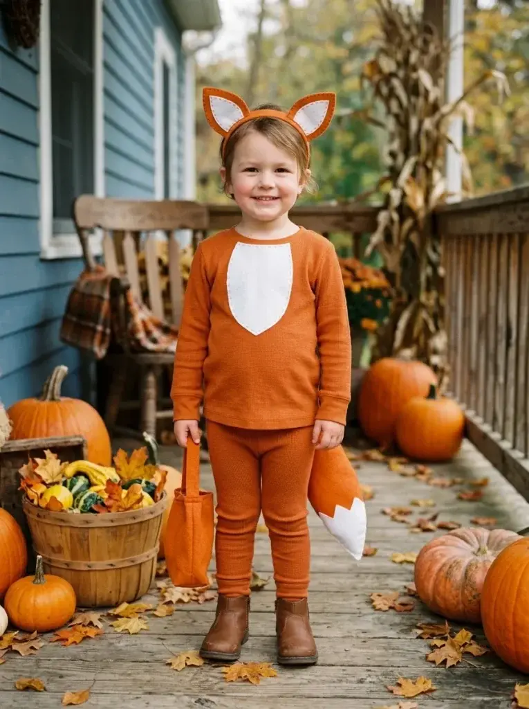 Homemade fox Halloween costume featuring orange clothing, pointed felt ears, a white chest patch, and a fluffy tail.