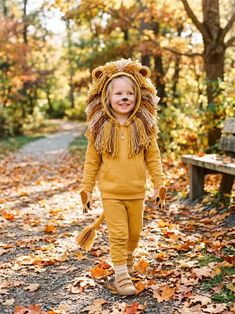 Homemade lion Halloween costume featuring golden clothing and a soft handmade mane.