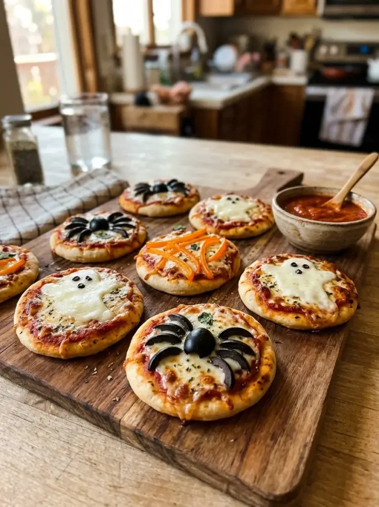 Homemade mini Halloween pizzas topped with melted mozzarella ghosts, black olive spiders, orange peppers, and marinara dipping sauce.