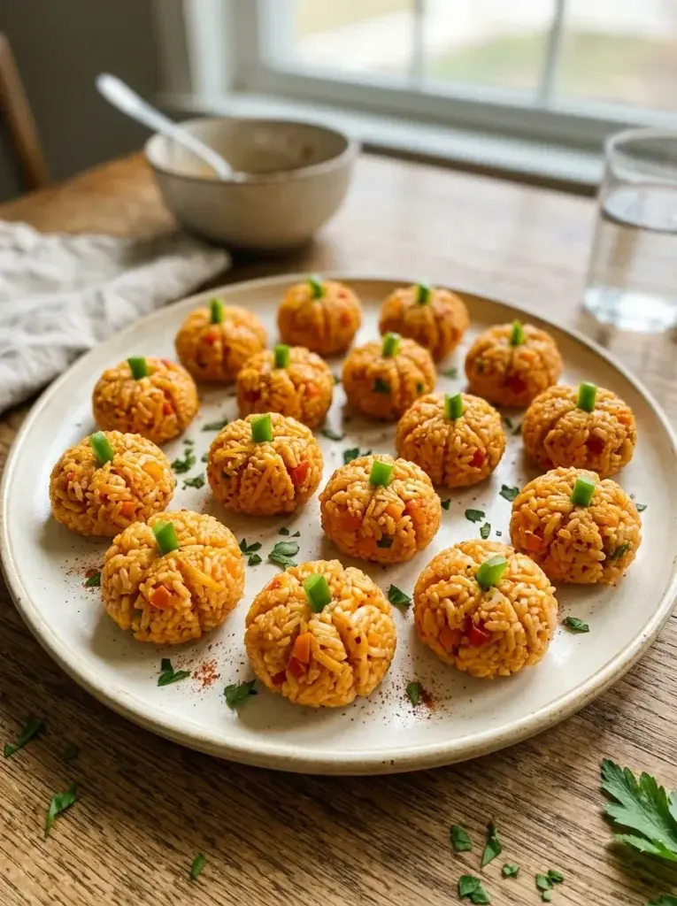 Homemade orange rice bites shaped like miniature pumpkins, with visible rice grains, cheddar, and small green vegetable stems.