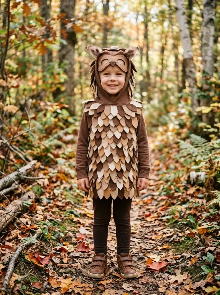 Homemade owl Halloween costume featuring layered felt feathers and earthy brown clothing.