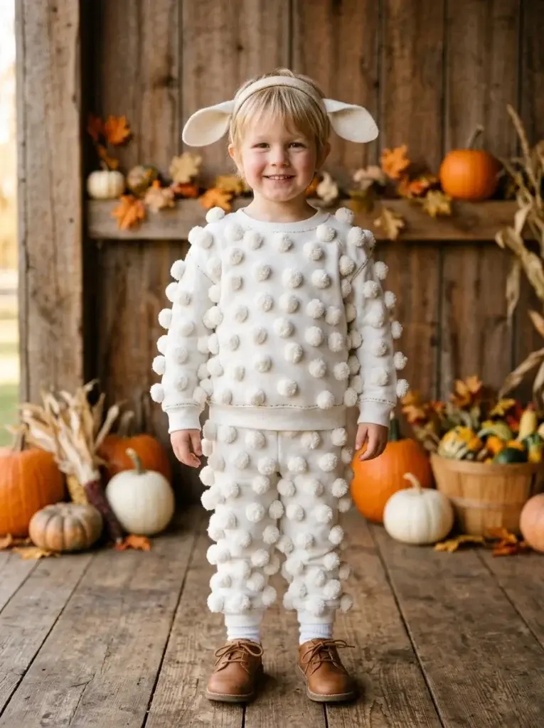 Homemade sheep Halloween costume featuring white clothing, fluffy pom-poms, and simple sheep ears.