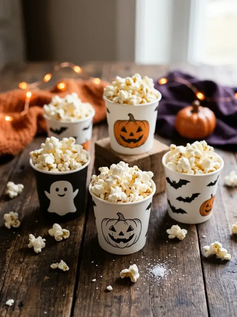 Individual Halloween popcorn cups filled with fluffy popcorn and decorated with simple ghost, pumpkin, and bat illustrations.