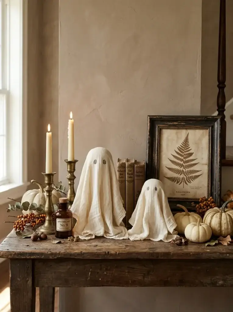 Ivory fabric ghosts displayed with antique-style books, brass accents, and cream pumpkins on a rustic console.
