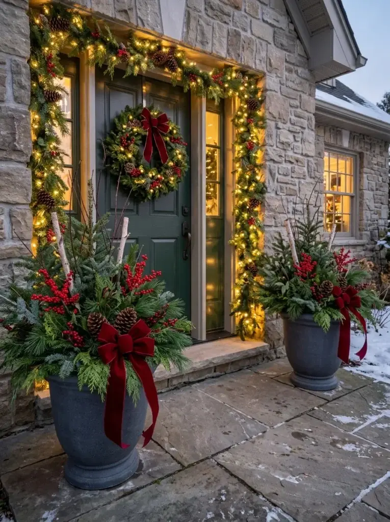 Large outdoor Christmas planters filled with evergreen branches, red berries, pinecones, and festive ribbon.
