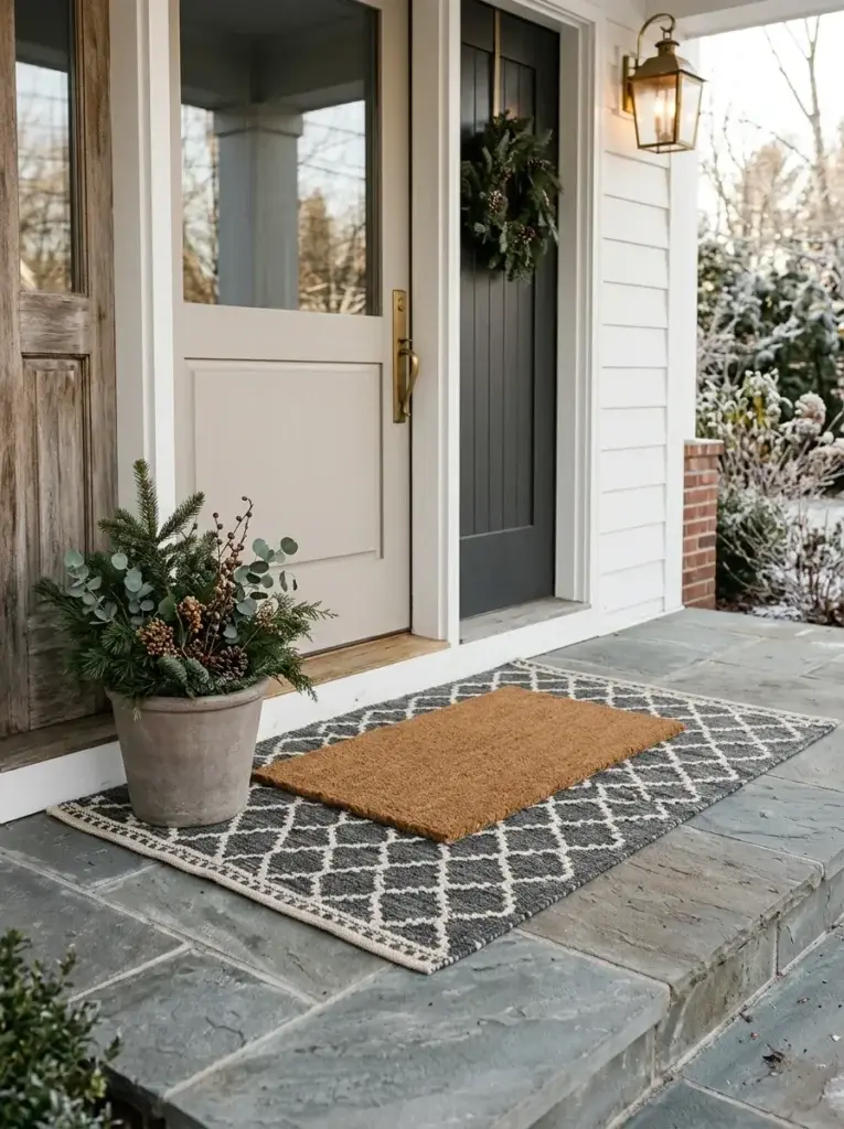 Layered coir and neutral woven doormats creating a cozy winter front door entrance.
