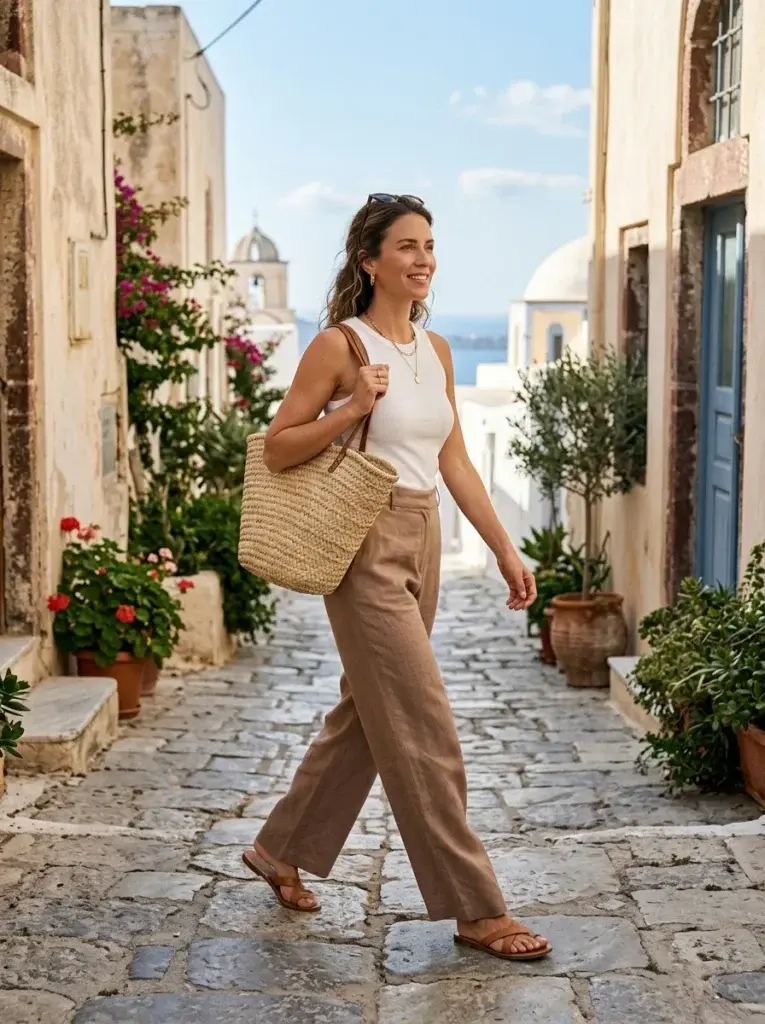 Light mocha-brown linen trousers with a sleeveless white top, tan flat sandals, and a woven straw tote.
