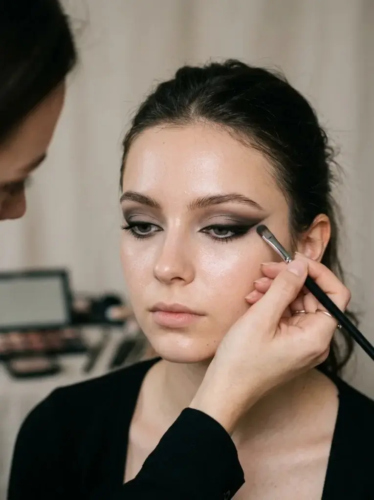Makeup artist refining an elongated eyeliner wing and blending taupe and espresso eyeshadow for a polished siren eye look.