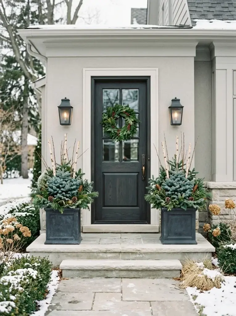 Matching charcoal planters with winter greenery framing a symmetrical front door.