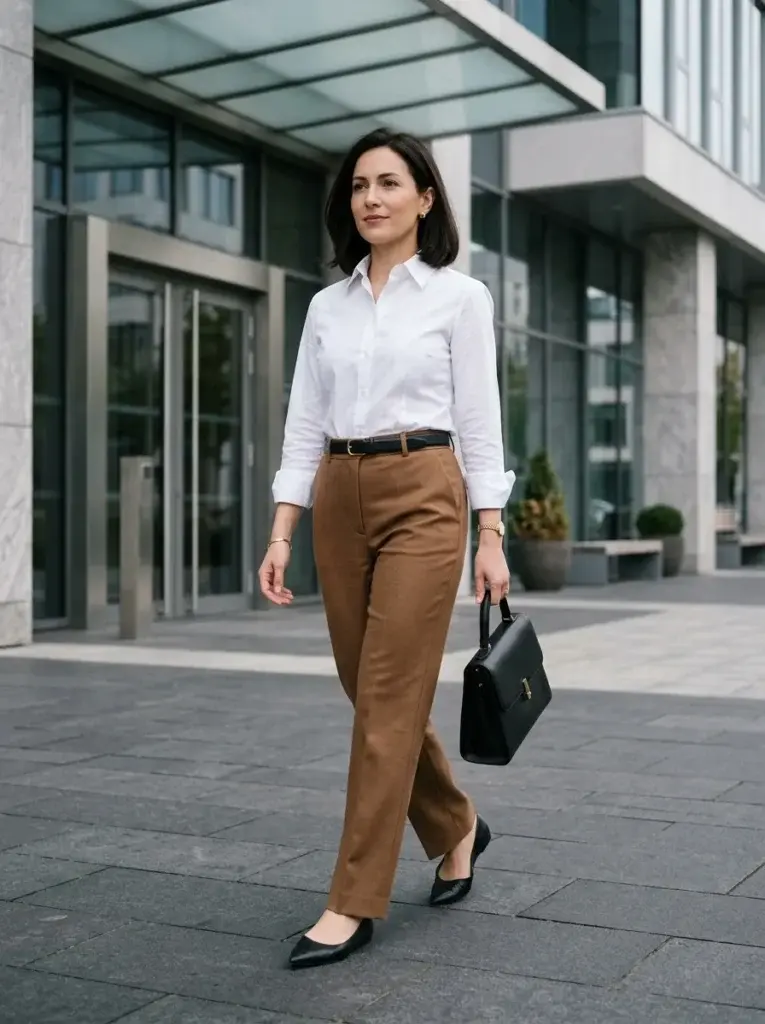 Medium-brown tailored trousers paired with a crisp white button-down shirt, black flats, and a structured handbag.