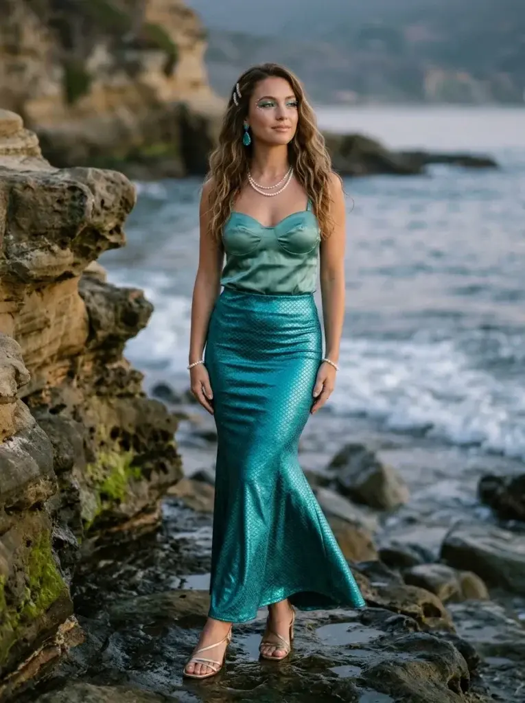 Mermaid solo Halloween costume with an iridescent teal outfit and pearl accessories.