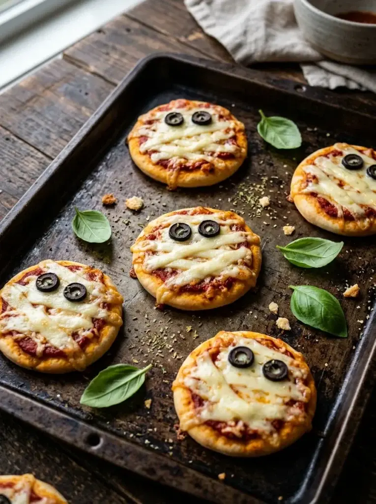 Mini Halloween mummy pizzas topped with tomato sauce, melted mozzarella bandages, and tiny edible eyes.