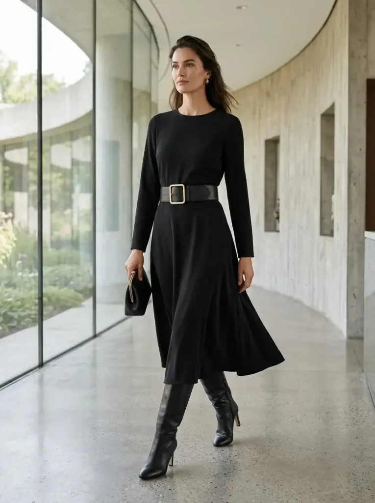 Minimalist black midi dress accented with a wide leather belt and gold statement buckle.