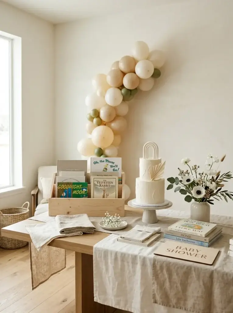Minimalist book-themed baby shower with neutral children's books, ivory flowers, linen textures, and sage greenery.