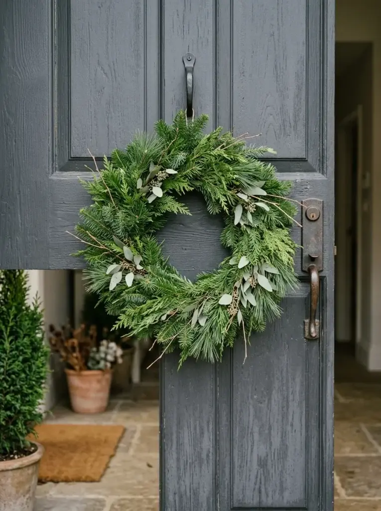 Minimalist evergreen winter wreath with pine, cedar, and natural twig details on a front door.