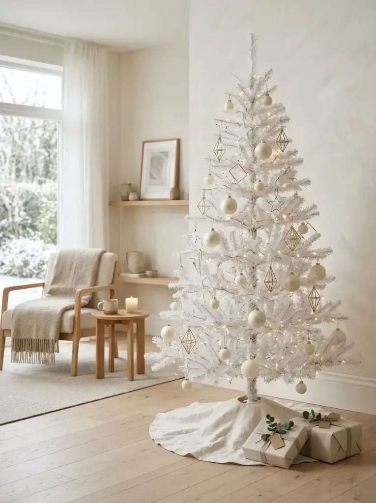 Minimalist white Christmas tree with sparse ivory ornaments, geometric decorations, and subtle warm lights.