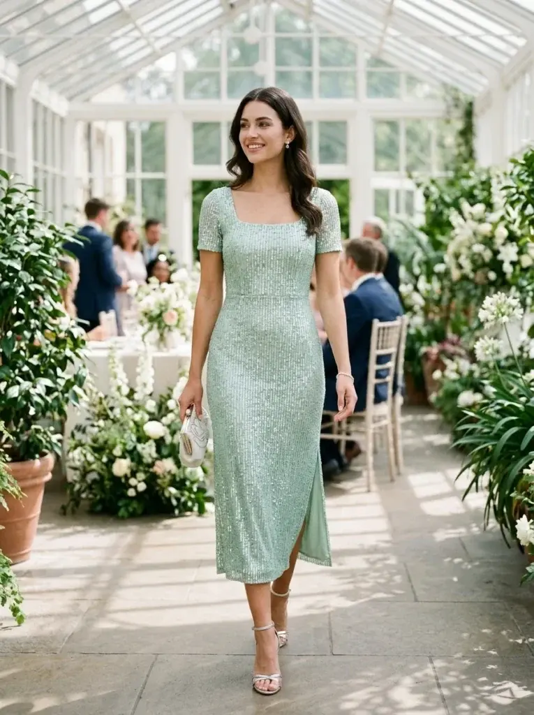 Mint-green sequin midi dress with a square neckline and silver accessories in a bright spring conservatory.