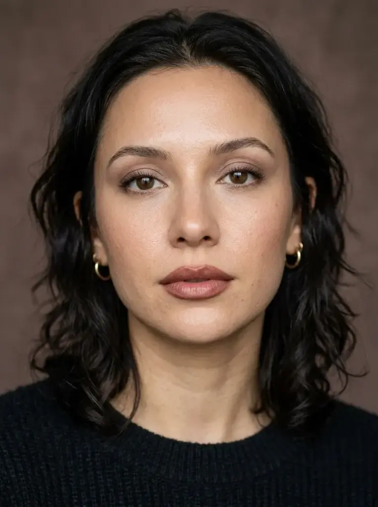 Modern 90s makeup featuring soft taupe eyeshadow, subtle contour, and brown-lined mocha-rose lips.