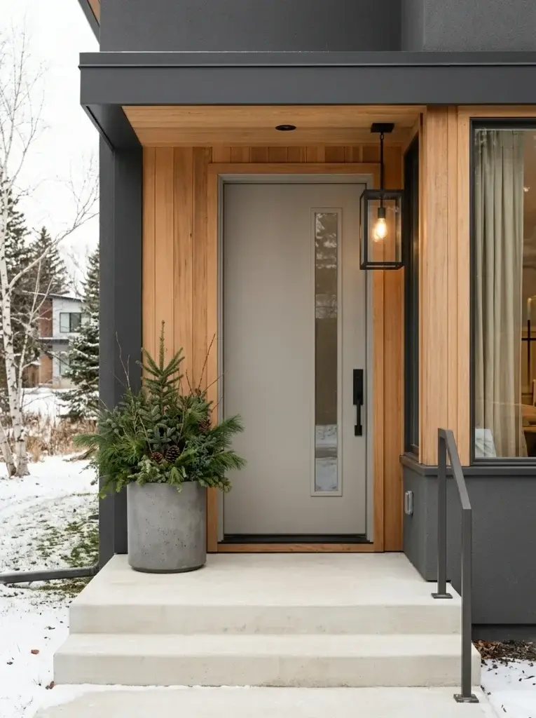 Modern neutral winter porch featuring a gray door, minimalist planter, and black lantern.