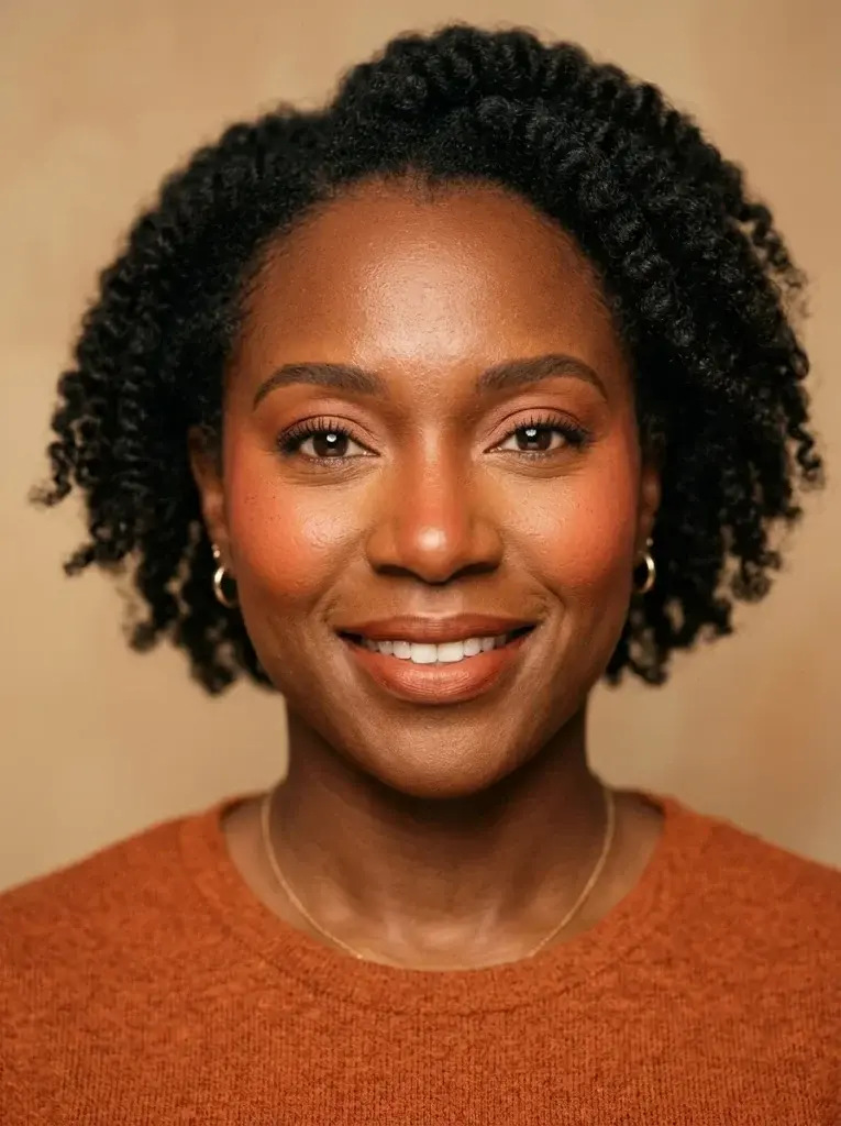 Monochromatic terracotta makeup with bold blended blush, warm clay eyeshadow, and coordinated nude lips.
